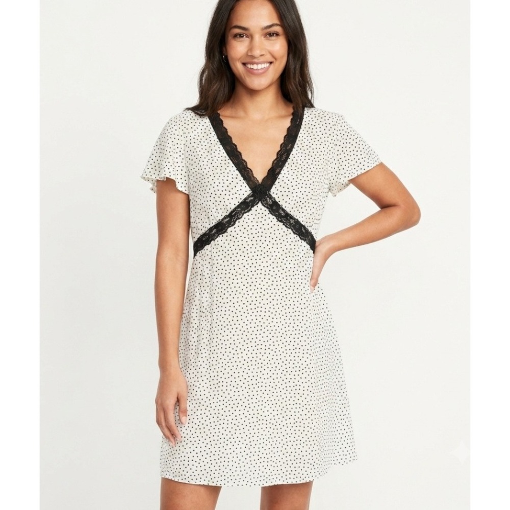 Old Navy Polka Dot Dress‎ Womens Large White Black Lace Trim Empire Waist Mini